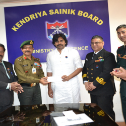 Sh Pawan Kalyan, renowned Actor  presenting  a cheque of Rs 1 Cr towards  AFFD Fund on 20.2.2020 at KSB Sectt, New Delhi.