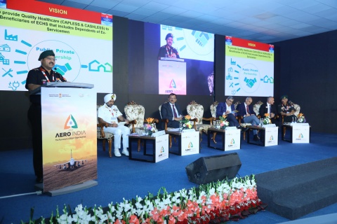 MD, ECHS addressing the Aero India Seminar held on 13th Feb,2023